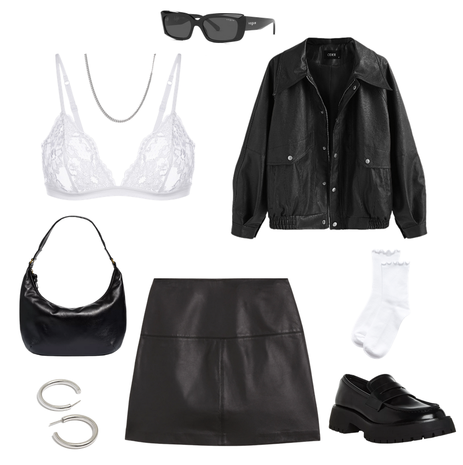 outfit board containingtrendy black rectangle sunglasses from vogue eyewear x hailey biebera silver simple small cuban chain necklacea white la perla bralette from their bridal collectiona black faux leather shacket blazer with two pockets and silver buttonsted baker tight mini skirt that is real leathera puffy black shoulder bagnot skinny but not super thick silver brushed hoopsblack steve madden loafers that are sort of chunky, very inspired by Pradawhite socks that go above the ankles with subtle ruffles on the top