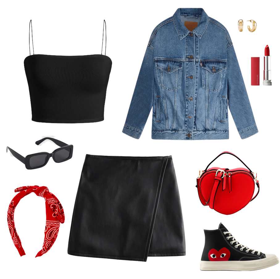 outfit board containing
a tight fitting blakc crop top with very skinny spaghetti straps
a levi's medium indigo wash jean jacket
red maybelline lipstick
small chunky gold hoop earrings from mejury
black rectangular trend sunglasses
bandana bow red headband from claires
an irregular leather mini skirt that is black from hollister
heart shaped leather crossbody top handle bag that is red
converse high tops from the cdg play x converse collaboration with one heart and in black with shiny off white rubber
Americana, summer