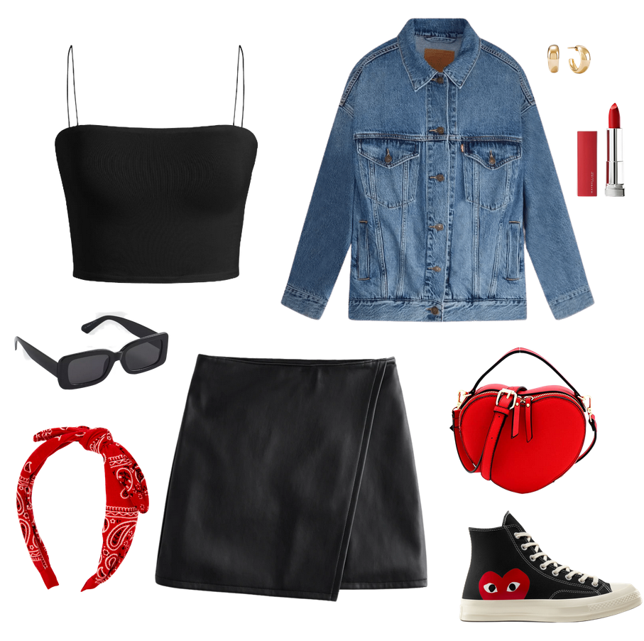 outfit board containinga tight fitting blakc crop top with very skinny spaghetti strapsa levi's medium indigo wash jean jacketred maybelline lipsticksmall chunky gold hoop earrings from mejuryblack rectangular trend sunglassesbandana bow red headband from clairesan irregular leather mini skirt that is black from hollisterheart shaped leather crossbody top handle bag that is redconverse high tops from the cdg play x converse collaboration with one heart and in black with shiny off white rubberAmericana, summer