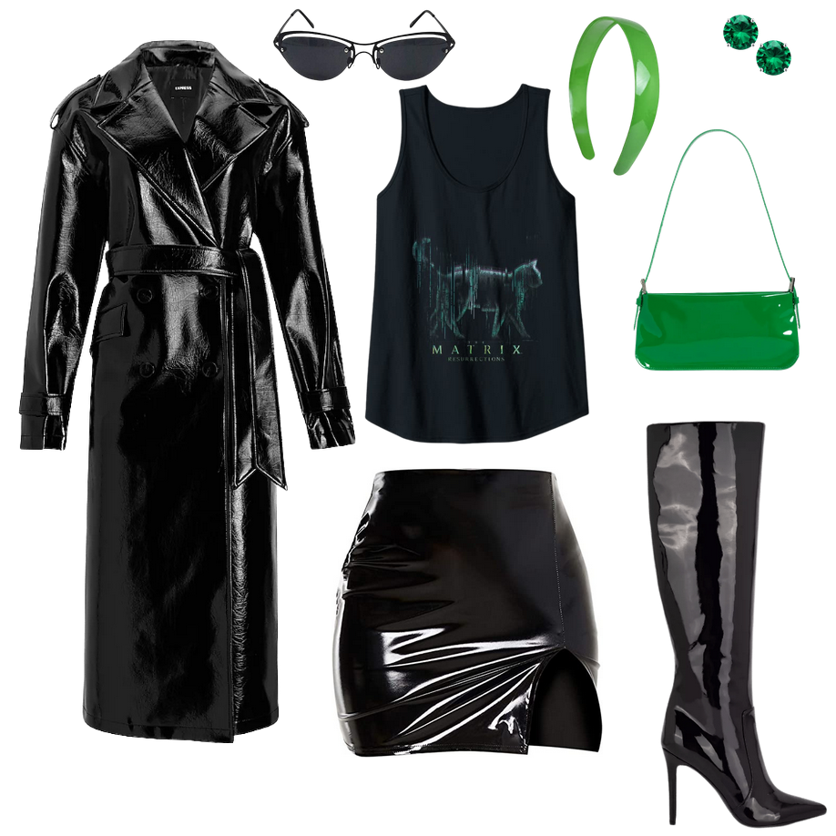 outfit board that contains
a patent leather trench coat for women from express, trinity the matrix sunglasses, a tank top with a cat that is outlines in green matrix codes and the tank top itself reads 