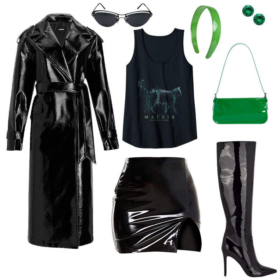 outfit board that containsa patent leather trench coat for women from express, trinity the matrix sunglasses, a tank top with a cat that is outlines in green matrix codes and the tank top itself reads "matrix resurrections" and is women's cuta patent leather vinyl bodycon skirt with a slit on the right sideknee high boots with a stilletto heel that are patent leathera small rectangular bright green patent leather shoulder baggreen lab simualted emerald earringsplastic green neon thick headbandninteites, 1990s, the matrix, patent leather, Bella Hadid