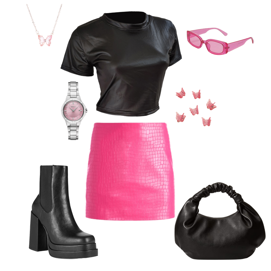 outfit board containinga necklace on a rosegold chain with a pink crystal butterfly a wet look short sleeved high neck crop top that also looks sort of leathera stainless steel watch with a pink dial quartz movement from SeikoDesigner alice and olivia embossed croc leather hot pink skirtpink plastic acylic rectangular sunglasses hot pinkankle boots platforms similar to the versace ones with a chelsea boots lookthe drop black leather bag with crinkled handle like bottega venetapink sparkly butterfly hair clips 1980s, Y2K, y2K revival