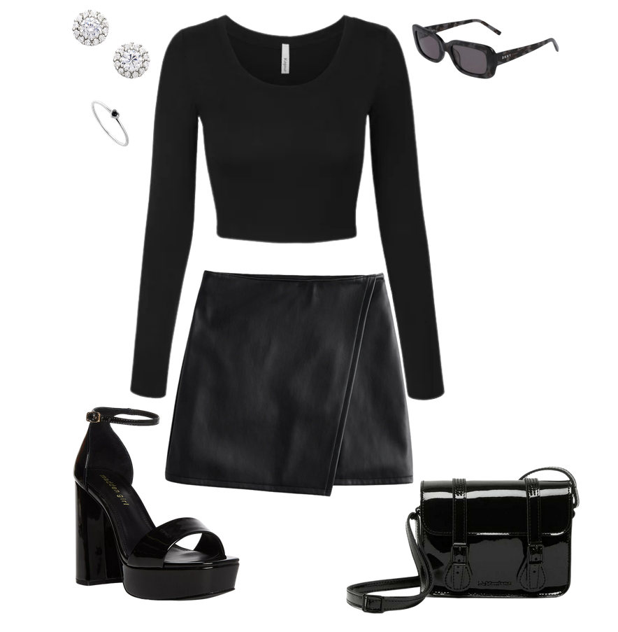 outfit board containingcubic zirconia earrings coated in platinum that sort of look like the sun from nordstromvery skinny ring with a fake black diamond heart and the ring is silverblack tight fit long sleeve crop topirregular vegan leather mini skirt blackplatform black patent leather sandals inspired by the Valentino ones, madden girl black patent leather crossbody shoulder bag that is all black even the hardware from doc martensdonna karen dkny black and gray sunglasses with gray black lenses and say "dkny" on the left side90s, Wednesday Addams, Emo