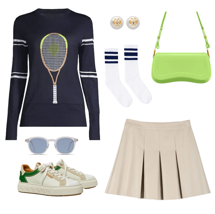 outfit board containing
a navy blue sweater with white strupes coloblocked on the arms with a tennis racket in the middle that is light brown, whiote, blue, and neon green yellow
clear sunglasses with blue lenses
tory burch sneakers that are neutral and bright green leather tones
a leather light khaki pleated skirt
colorblocked white and navy crew socks
pearl earrings with a logo in gold, tory burch, an oddly shaped saddle like neon green yellow shoulder bag with gold hardware from JW Pei
preppy, tennis, old money, country club 