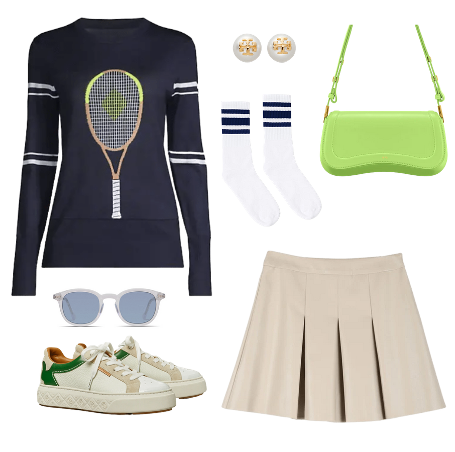 outfit board containinga navy blue sweater with white strupes coloblocked on the arms with a tennis racket in the middle that is light brown, whiote, blue, and neon green yellowclear sunglasses with blue lensestory burch sneakers that are neutral and bright green leather tonesa leather light khaki pleated skirtcolorblocked white and navy crew sockspearl earrings with a logo in gold, tory burch, an oddly shaped saddle like neon green yellow shoulder bag with gold hardware from JW Peipreppy, tennis, old money, country club 