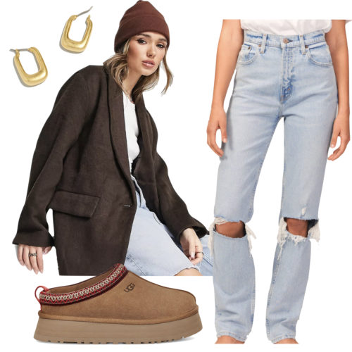 How to Wear Uggs in 2023:Trendy Outfit with Ugg Tazz Platform Slippers, an oversized blazer, and jeans