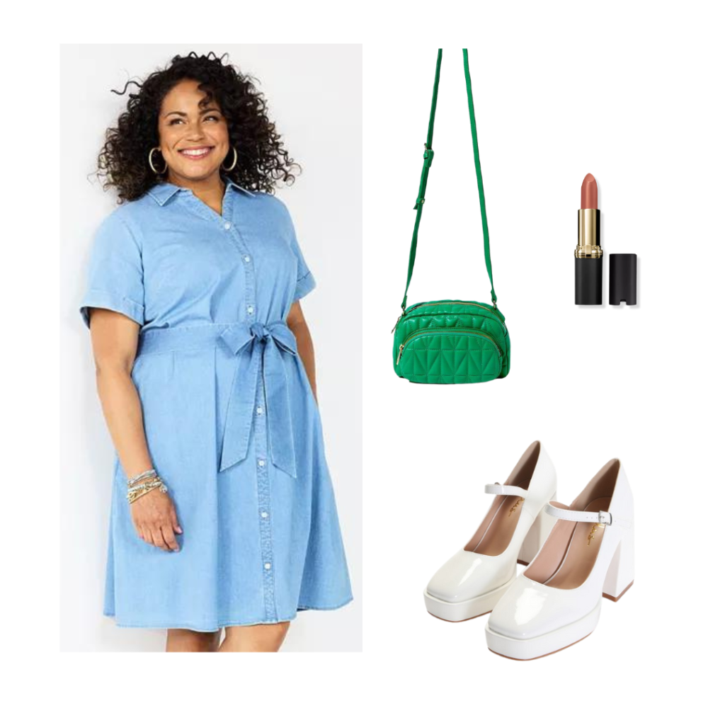A feminine look. A blue chambray dress, green quilted crossbody bag, white mary jane heels and lipstick.