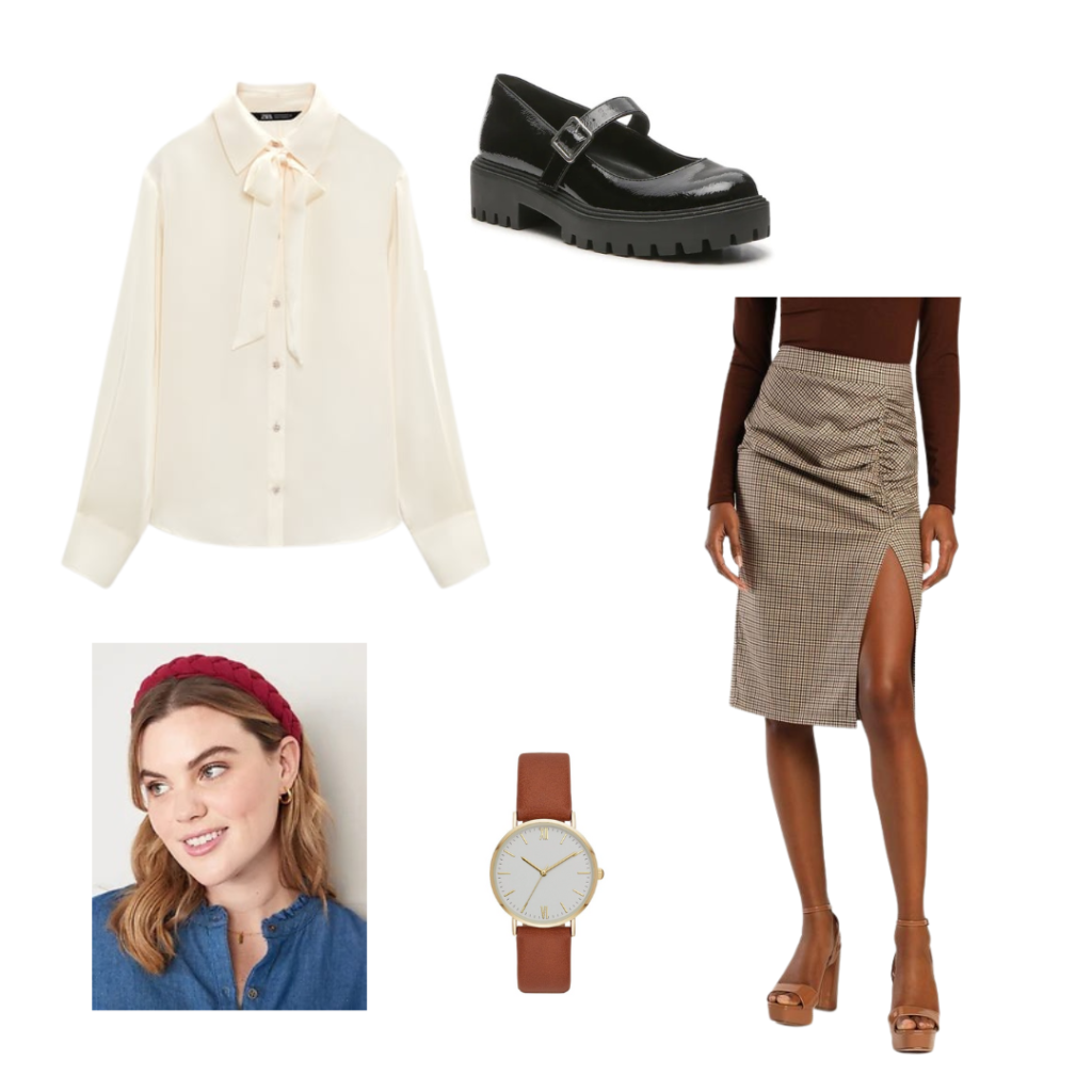 An office look. A satin tie collar blouse, knee length plaid skirt, black mary janes, brown strap watch and burgundy headband.