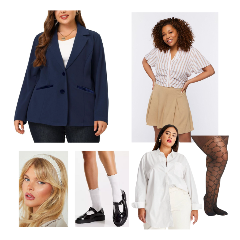 A schoolgirl look. A navy blazer, tan pleated skirt, white button down shirt,  patterned sheer tights, black t-strap mary janes and a pearl headband.