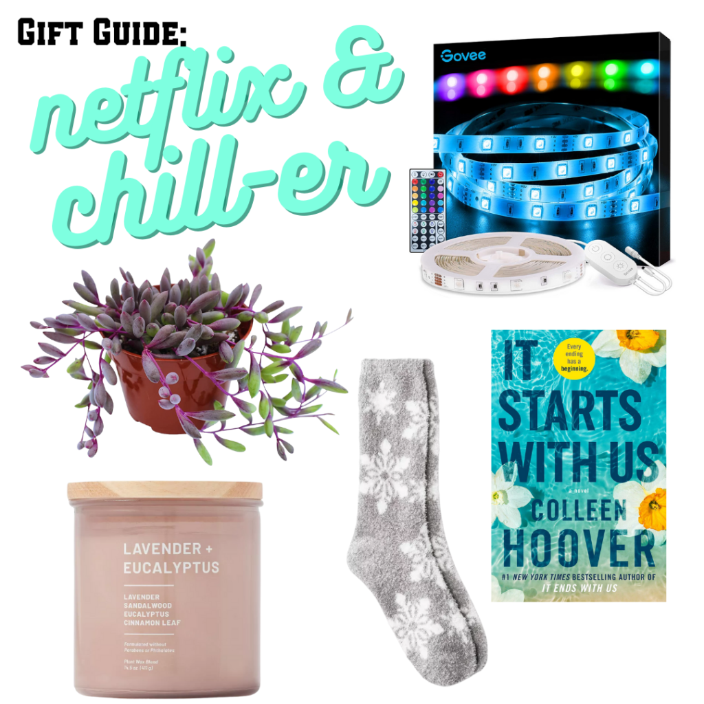 Gift basket for a homebody with candle, potted plant, socks, novel, and strip lights - holiday gift ideas