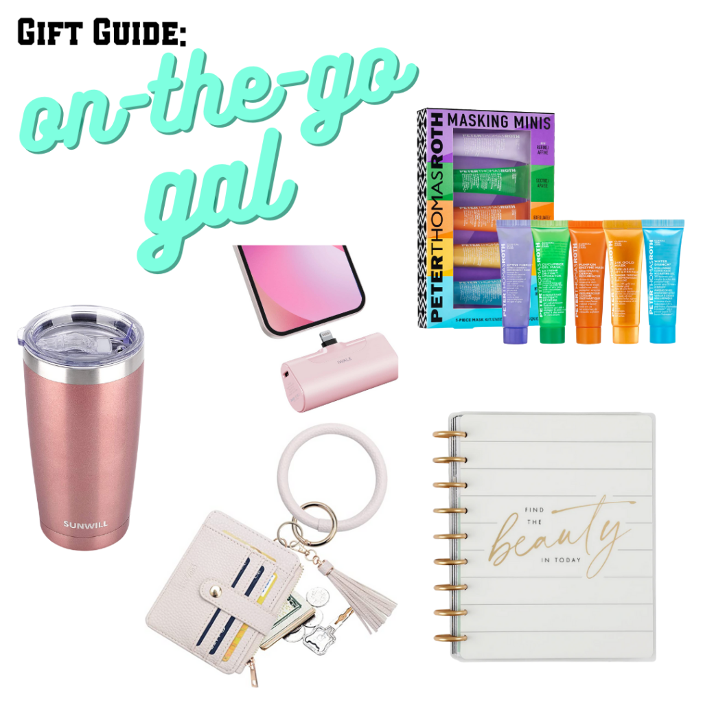 Gifts for the on-the-go gal: Mini masks, coffee cup, wristlet keyring, portable charger, planner