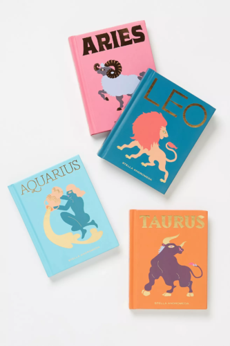 Four "seeing stars" astrology books pictured, with aquarius, taurus, leo, and aries editions shown