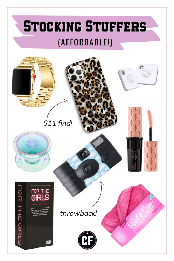 Best stocking stuffer ideas for college students - roundup of products with gold apple watch band, iphone case, Tiles, mascara, pop socket, game, and more