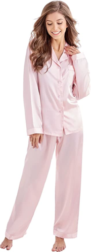 Womens satin pajamas in pale pink