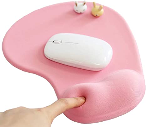 wrist wrest gel mousepad that is pink with white mouse and two little bunnies on it 