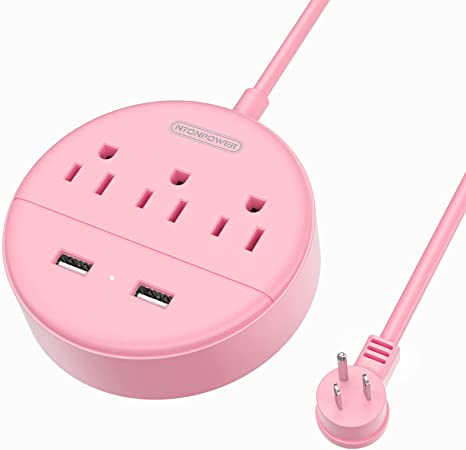 pink round extension cable with three outlets and two usb ports