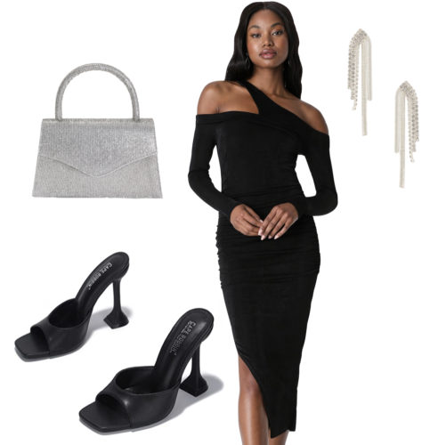 Classic Date Outfit with a black midi dress and heels