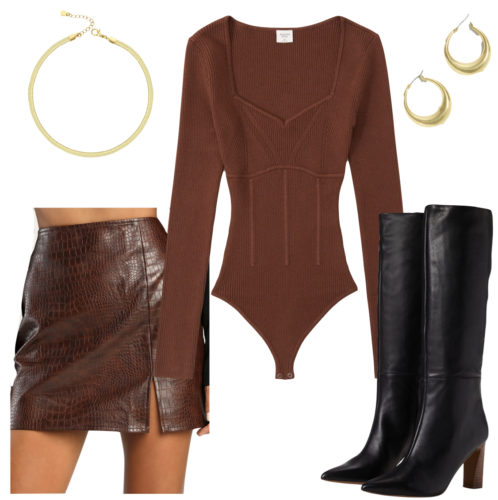 Cute Girlfriend Outfit for the Fall with a faux leather mini skirt and sweater bodysuit