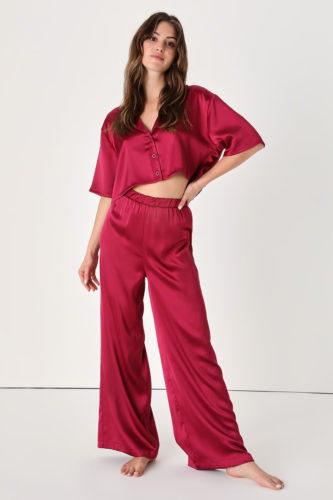 Lulus Burgundy Satin Pajama Set