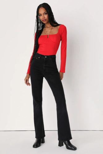 Lulus Red Bustier Top Valentine's Day Last Minute Outfit with Jeans and Booties