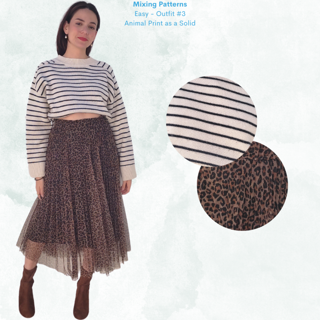 Mixing Patterns Outfit 3 Striped knit sweater, animal print midi skirt, brown suede booties