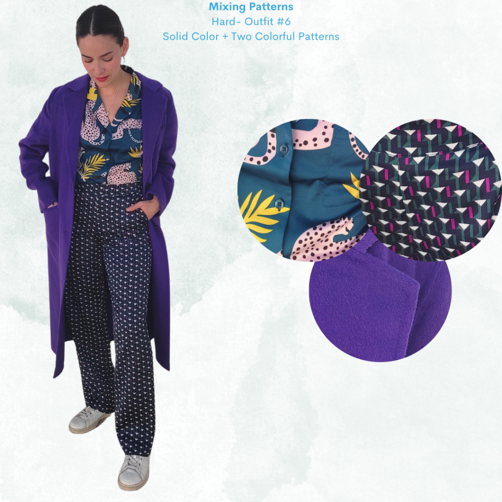 Mixing Patterns Outfit 6 Jungle Inspired Print Silk SHirt, Geometric Pattern Silk Pants, Purple Wool Coat