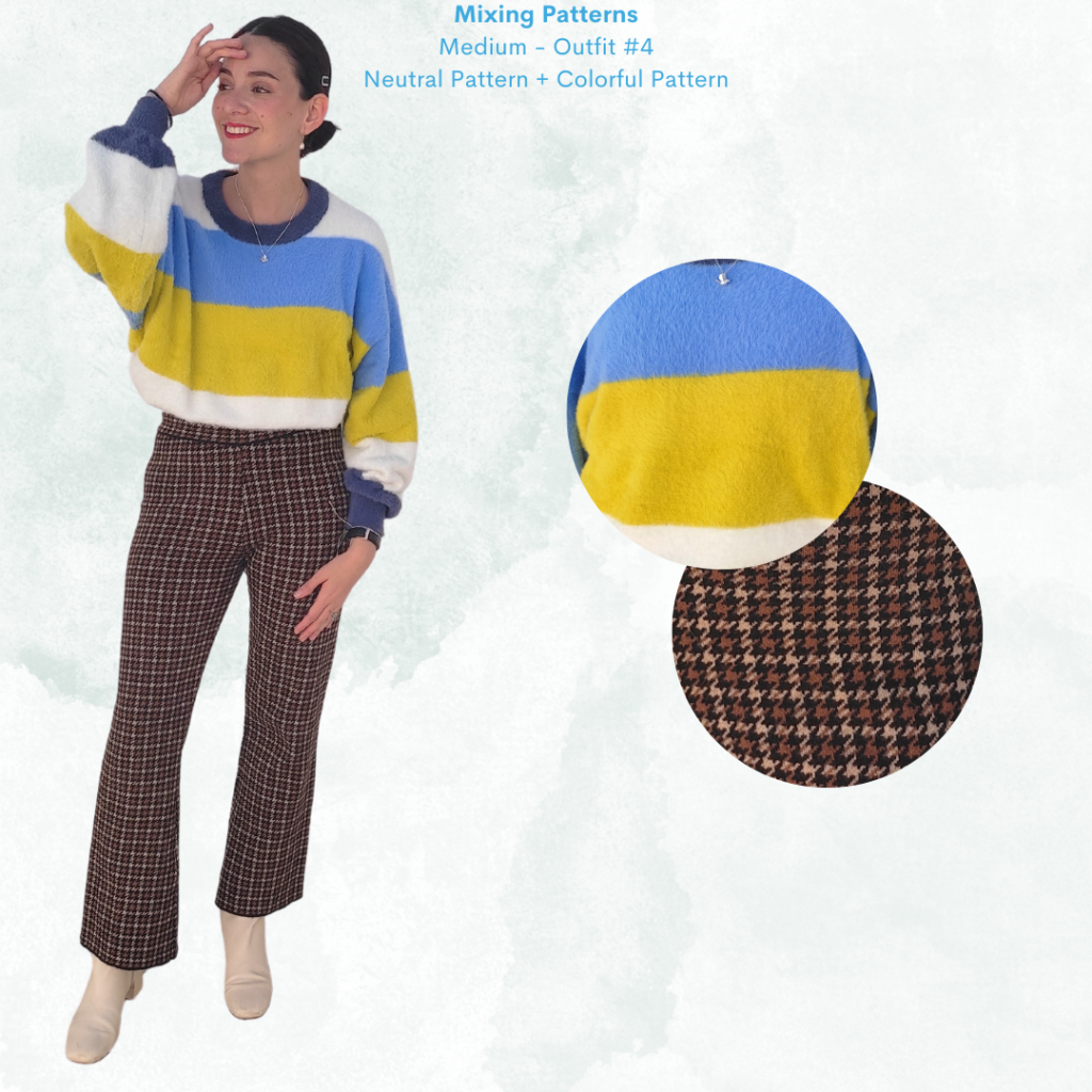 Mixing Patterns Outfit 4 Fluffy wide stripes sweater, houndstooth pants, off white booties