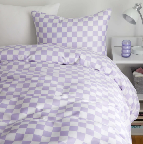 purple and white square checkered comforter and pillow