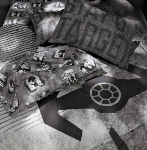 black and white bedding with star wars dark side hardware and reads 