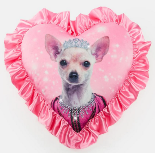 heart shaped pillow with ruffles and a chihua on a pink background wearing a tiara and necklace made of 3D rhinestones