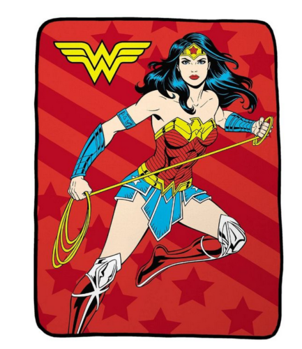 throw blanket with classic wonder woman and logo on a red background 