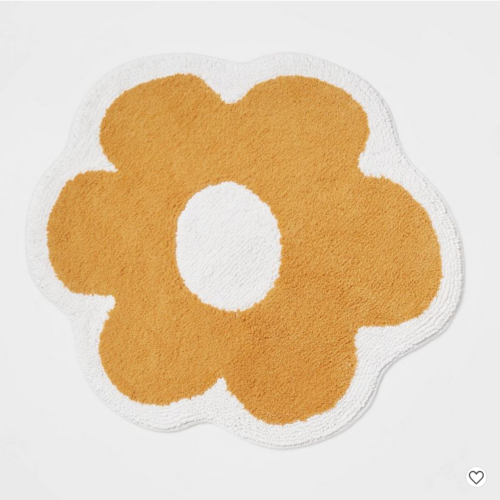 mod flower shaped bath mat, white and mustard yellow