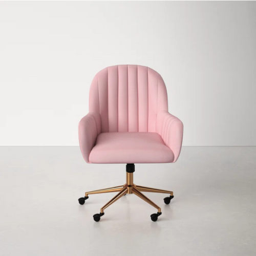 pink cute desk chair with brass legs and wheels