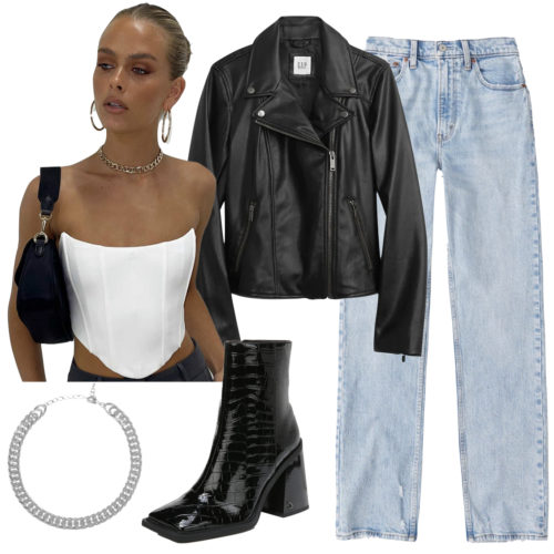 Cute Girlfriend Outfit Idea for the Spring with a corset top, jeans and a Moto jacket