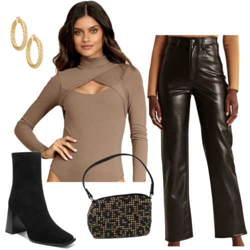 Cute Girlfriend Winter Date Outfit with faux leather pants and a cut out bodysuit