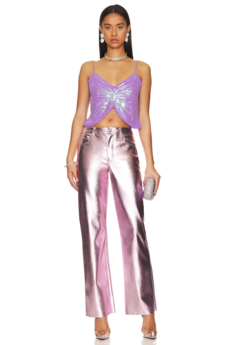 Sexy Mardi Gras outfit with pink metallic pants and sequin purple butterfly crop top