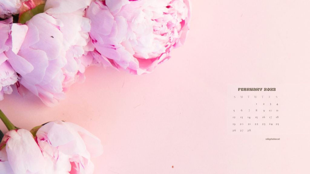 February 2023 peonies desktop wallpaper with calendar