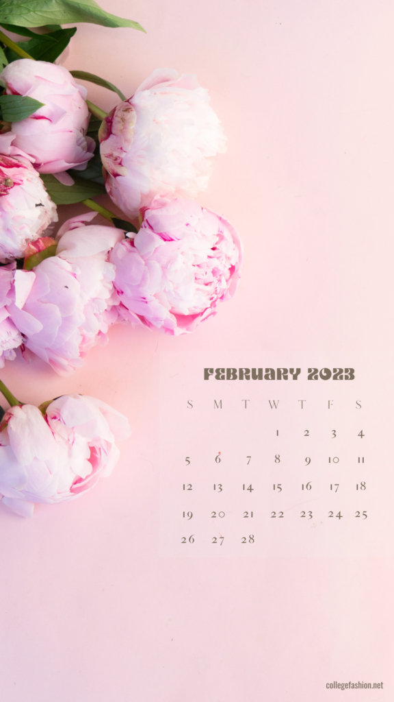 Peonies iphone wallpaper with February 2023 calendar for Valentine's Day