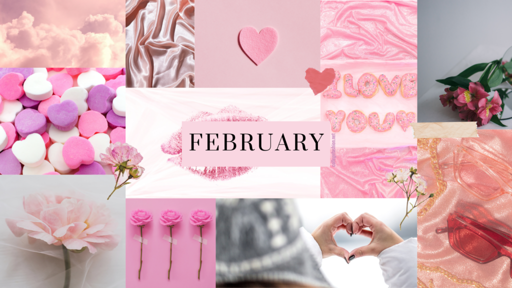 Collage of Valentine's Day themed images made into a desktop wallpaper with the text February in the middle
