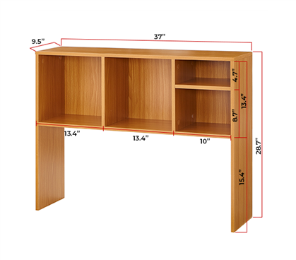 light colored wood desk hutch with labeled measurements 