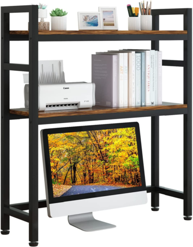 black metal desk hutch with wooden shelves on display with desktop, printer, and books
