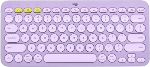purple logitech keyboard with round keys and yellow accents