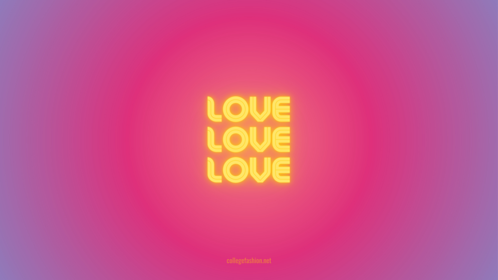 보라색과 빨간색 그라데이션 배경 및 Love Love Love를 노란색으로 읽는 본문 텍스트가 있는 바탕 화면 배경 무늬