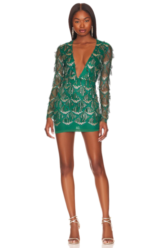 Green and gold fringe mini dress