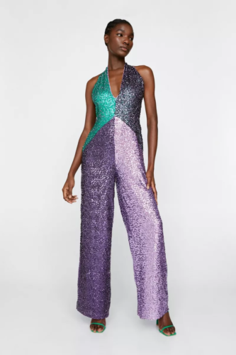 Purple and green sequin jumpsuit in Mardi Gras colors