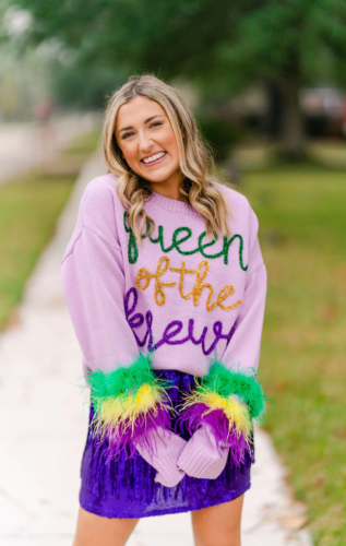 Queen of the Krewe mardi gras sweater paired with sequin skirt