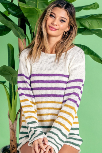 White Mardi Gras sweater with purple, gold, and green stripes