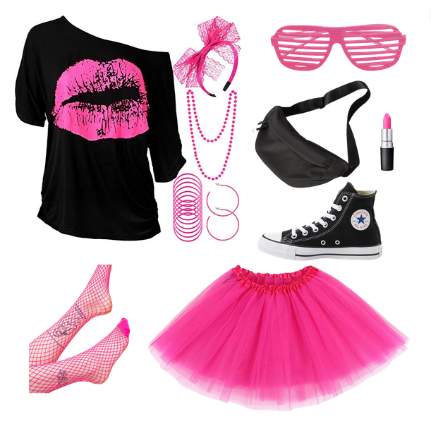 shirt with lips on it and 80s accessories, blinds pink sunglasses, nylon black fanny pack, hot pink mac lipstick, black converse high tops, hot pink tutu, pink fishents dolls kill