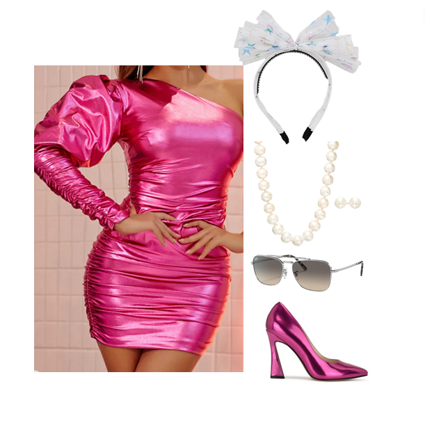 one shoulder puff sleeve metallic pink dress, white headband with large bow with iridescent stars on it, pearl necklace and earring set, ray ban caravans from top gun in gray, metallic fuschia pink trendy block pointed toe high heels