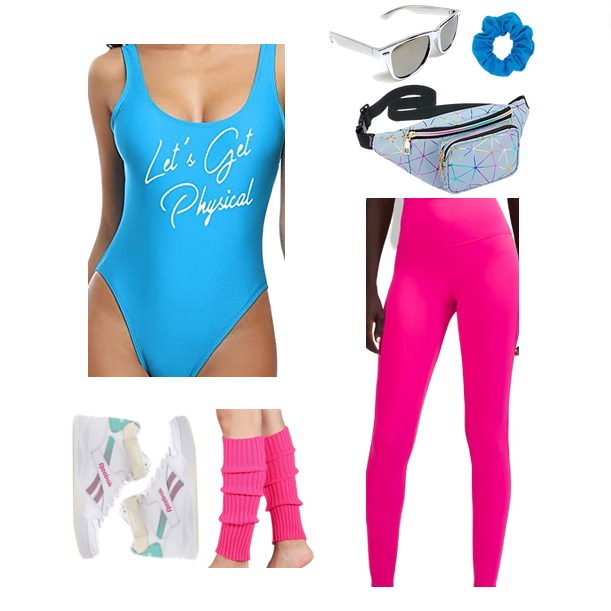 bodysuit on model that is neon blue reading 'let's get physcial', silver wayfarer shaped sunglasses, neon blue cotton scrunchie, iridescent neon 80s synthwave fanny pack, reebok high top sneakers, hot pink legwarmers, hot pink lululemon leggings